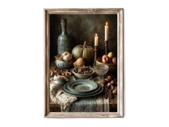 Fall Thanksgiving Still Life Wall Art Rustic Autumn Harvest Table Moody Farmhouse Decor Vintage Artful Print V 445