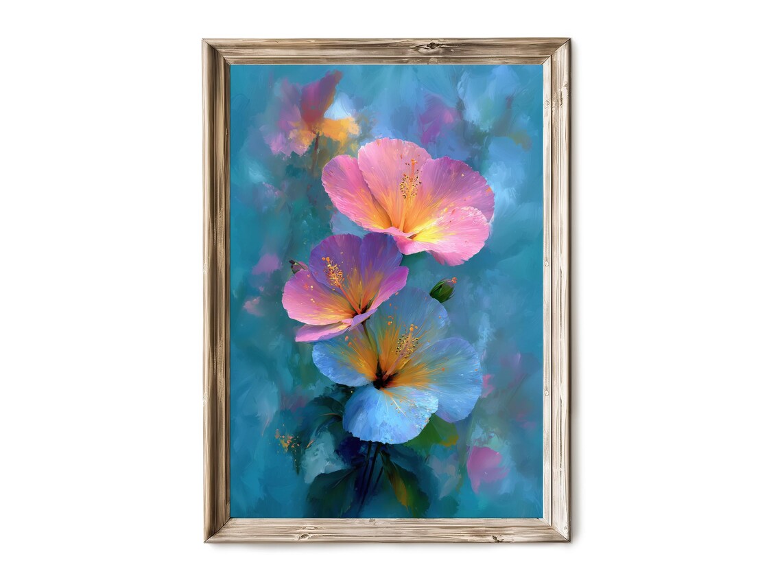 Pink Hibiscus Flowers Impressionist Floral Painting on Teal Poster