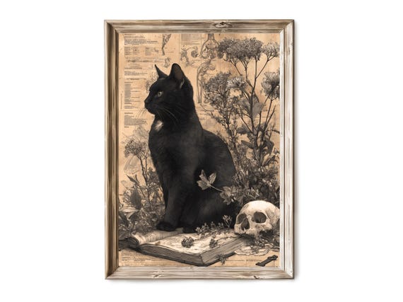 Halloween Wall Art Black Cat With Skull In Vintage Scene Gothic Familiar Illustration Spooky Decor Print 291