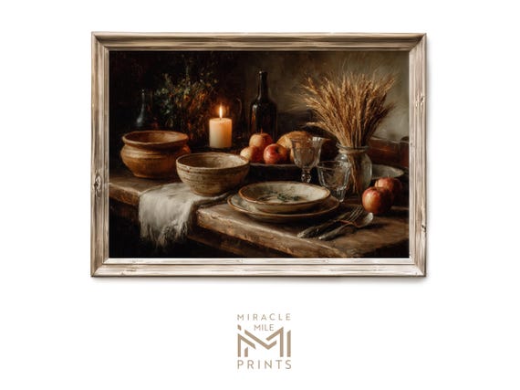 Rustic Fall Dinner Table Apples Wheat Candle Still Life Poster