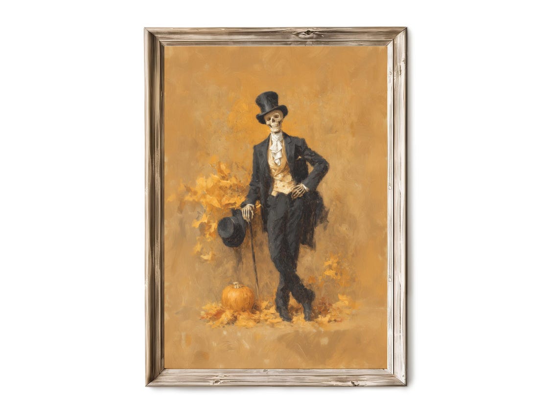 Dancing Skeleton Top Hat Pumpkin Autumn Vintage Halloween Poster