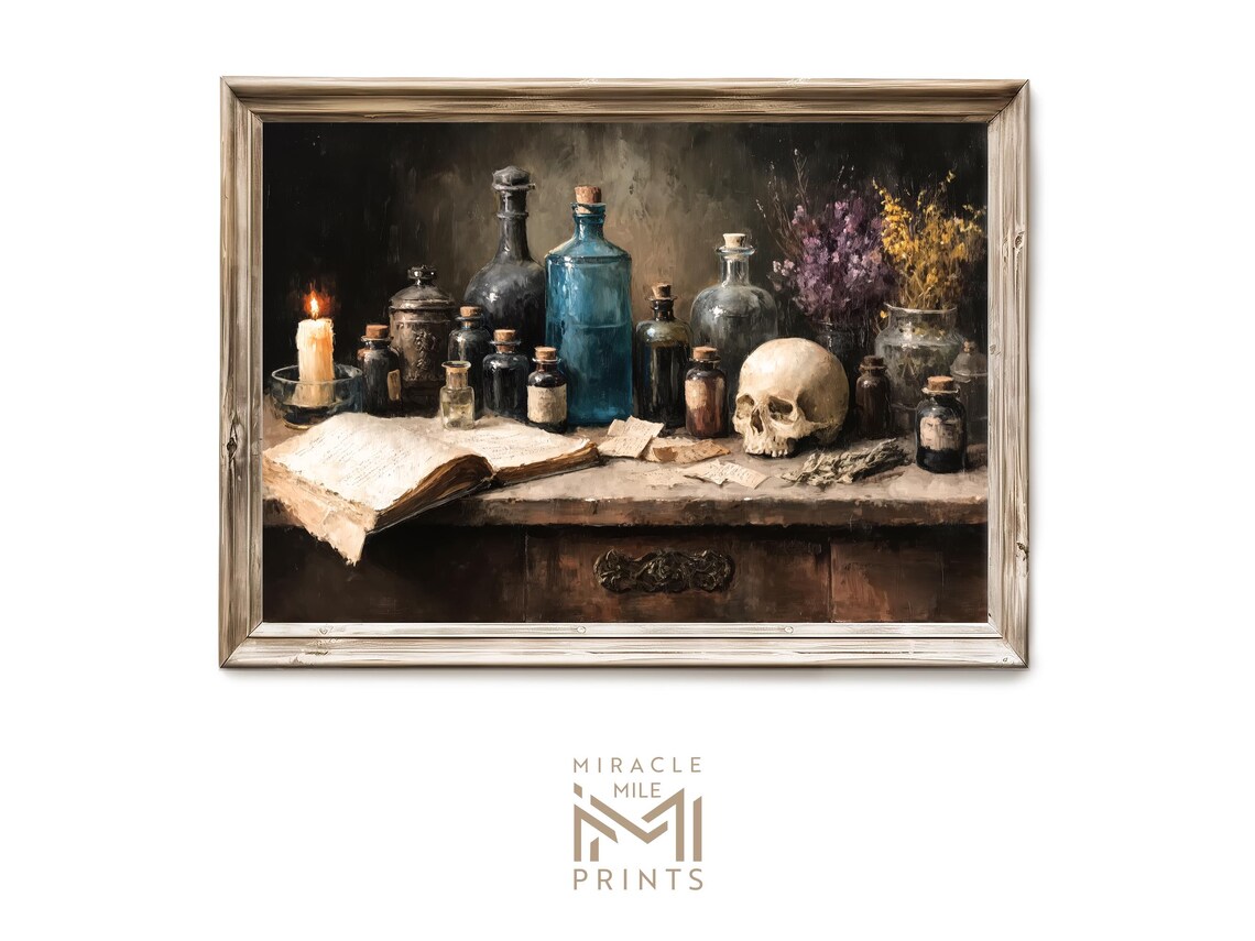 Dark Apothecary Still Life Skull Candle Bottles Moody Oil Poster