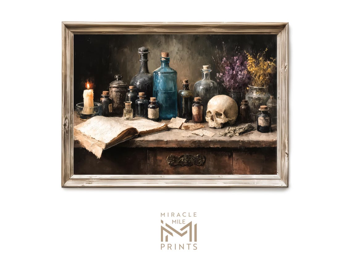 Halloween Apothecary Table Still Life Gothic Skull Bottles Candles Dark Academia Haunted Wall Art Vintage Spooky Decor 362