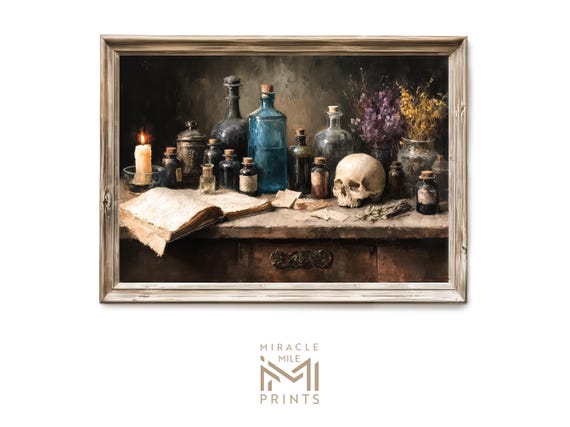 Halloween Apothecary Table Still Life Gothic Skull Bottles Candles Dark Academia Haunted Wall Art Vintage Spooky Decor 362