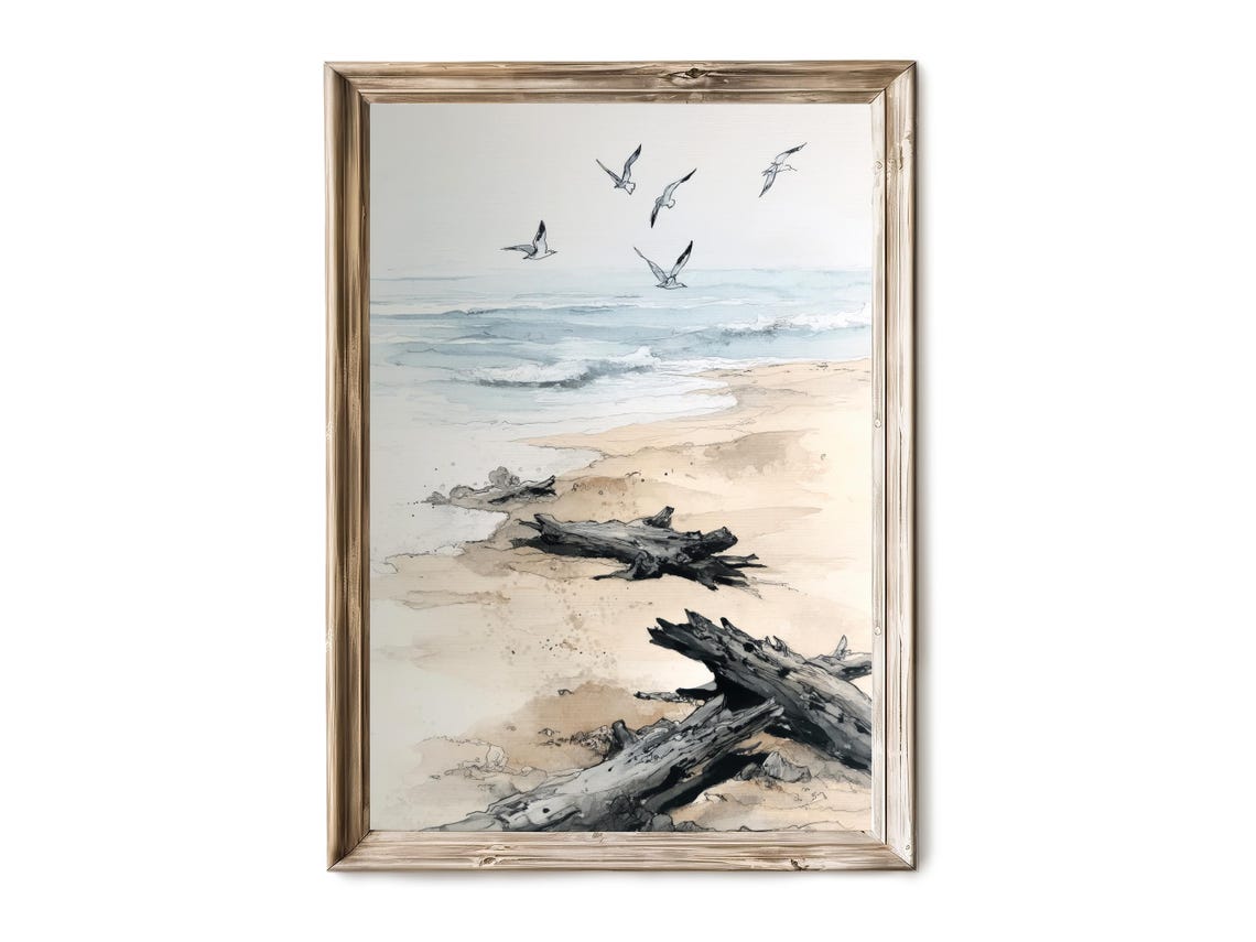 Quiet Sandy Beach Driftwood Seagulls Watercolor Coastal Art Poster