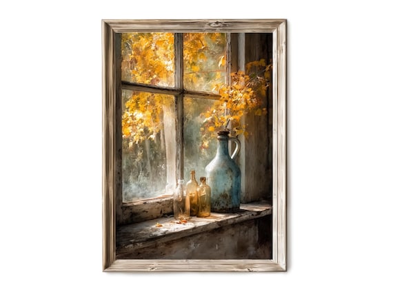 Autumn Cottage Window Still Life Poster Golden Leaves Blue Jug Rustic Art