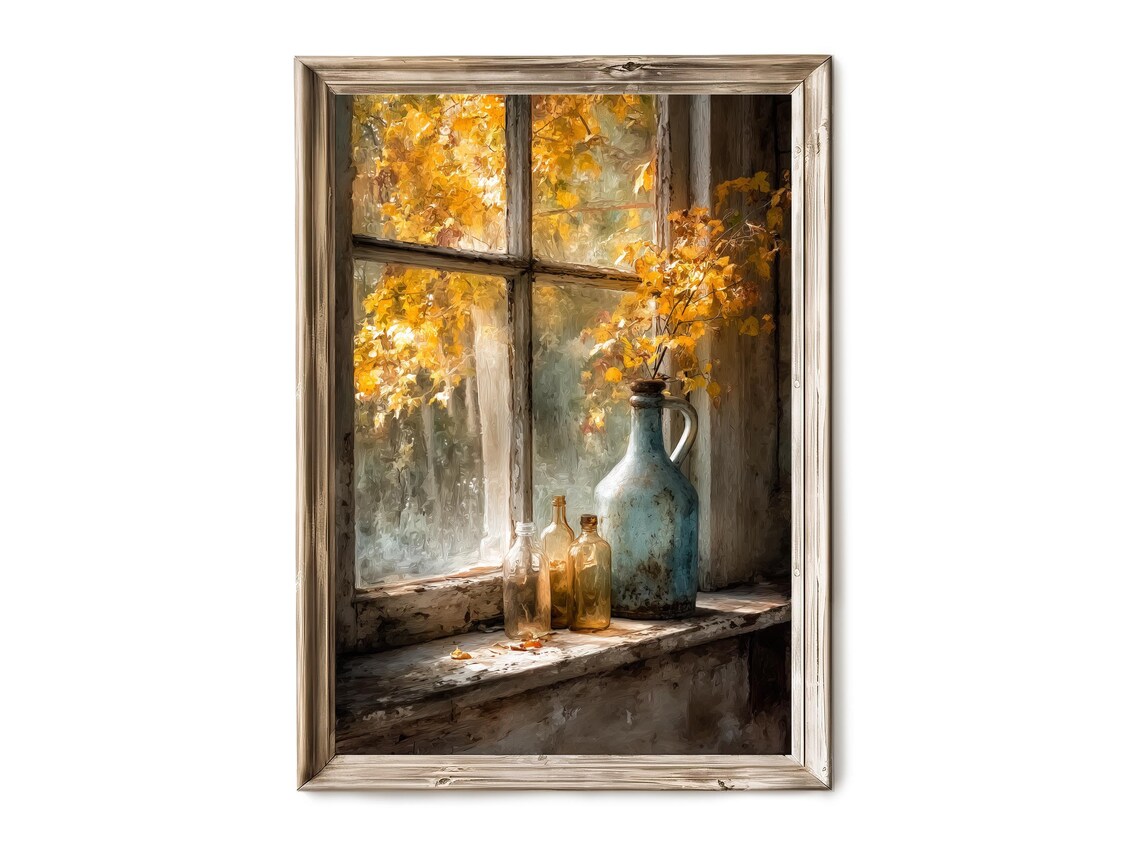 Autumn Cottage Window Still Life Poster Golden Leaves Blue Jug Rustic Art