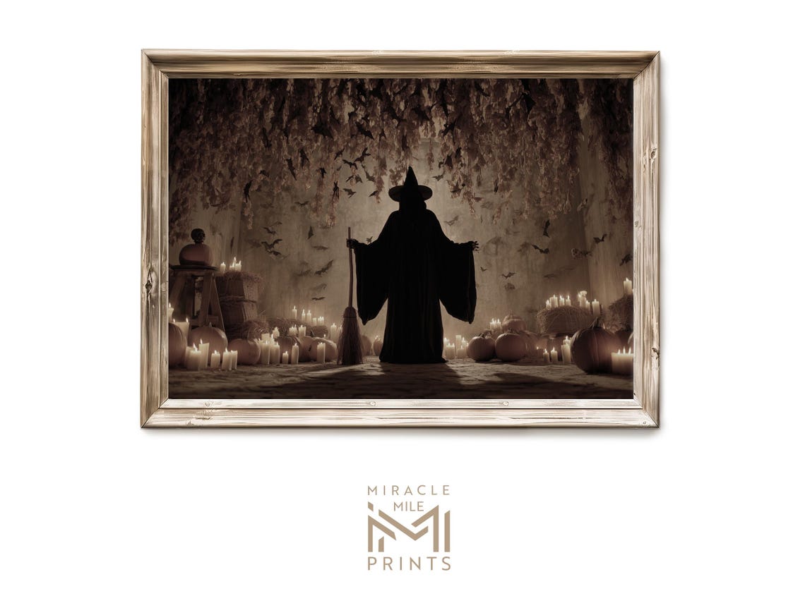 Sepia Witch Candles Pumpkins Halloween Moonlit Night Scene Poster