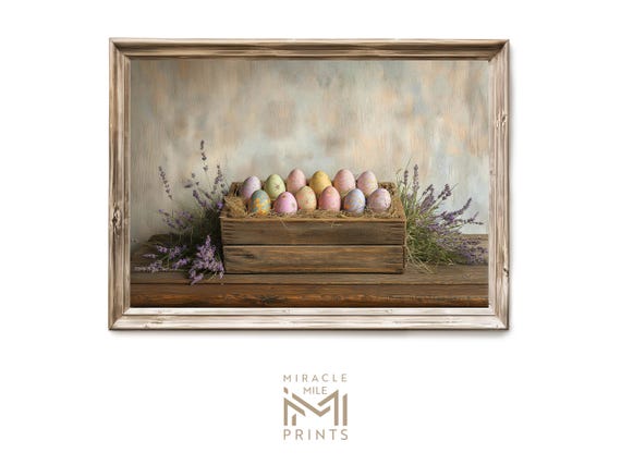 Painted Easter Eggs In Wooden Crate With Lavender Spring Decor Poster