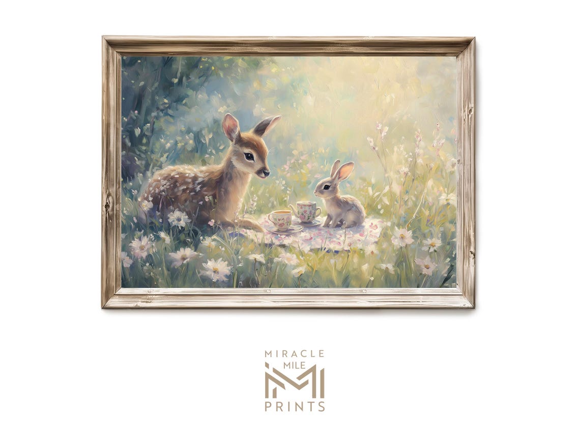 Fawn Bunny Tea Party Meadow Storybook Friends Nursery Woodland Wall Art
