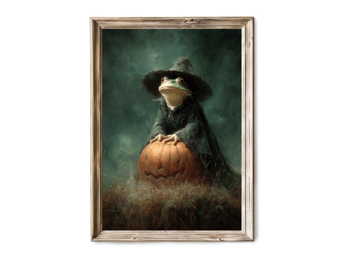 Cute Witch Hat Frog on Pumpkin Vintage Halloween Painting Poster