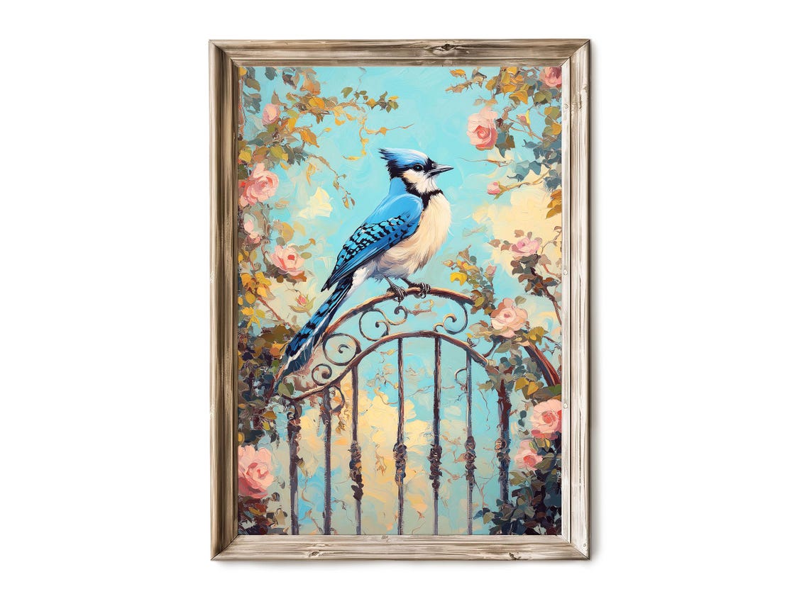 Vintage Blue Jay On Rose Covered Garden Gate Bird Painting Poster
