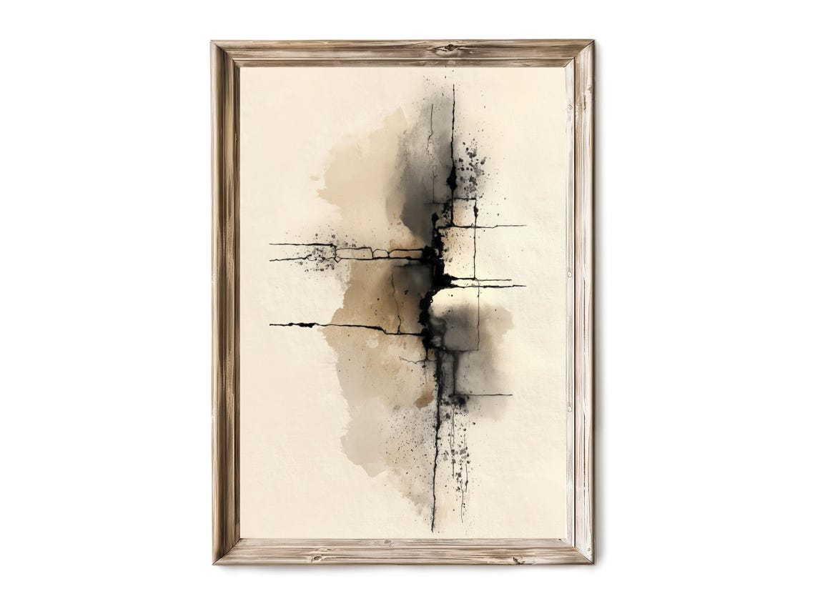 Black Ink Splatter Cross Beige Neutral Abstract Texture Wall Art