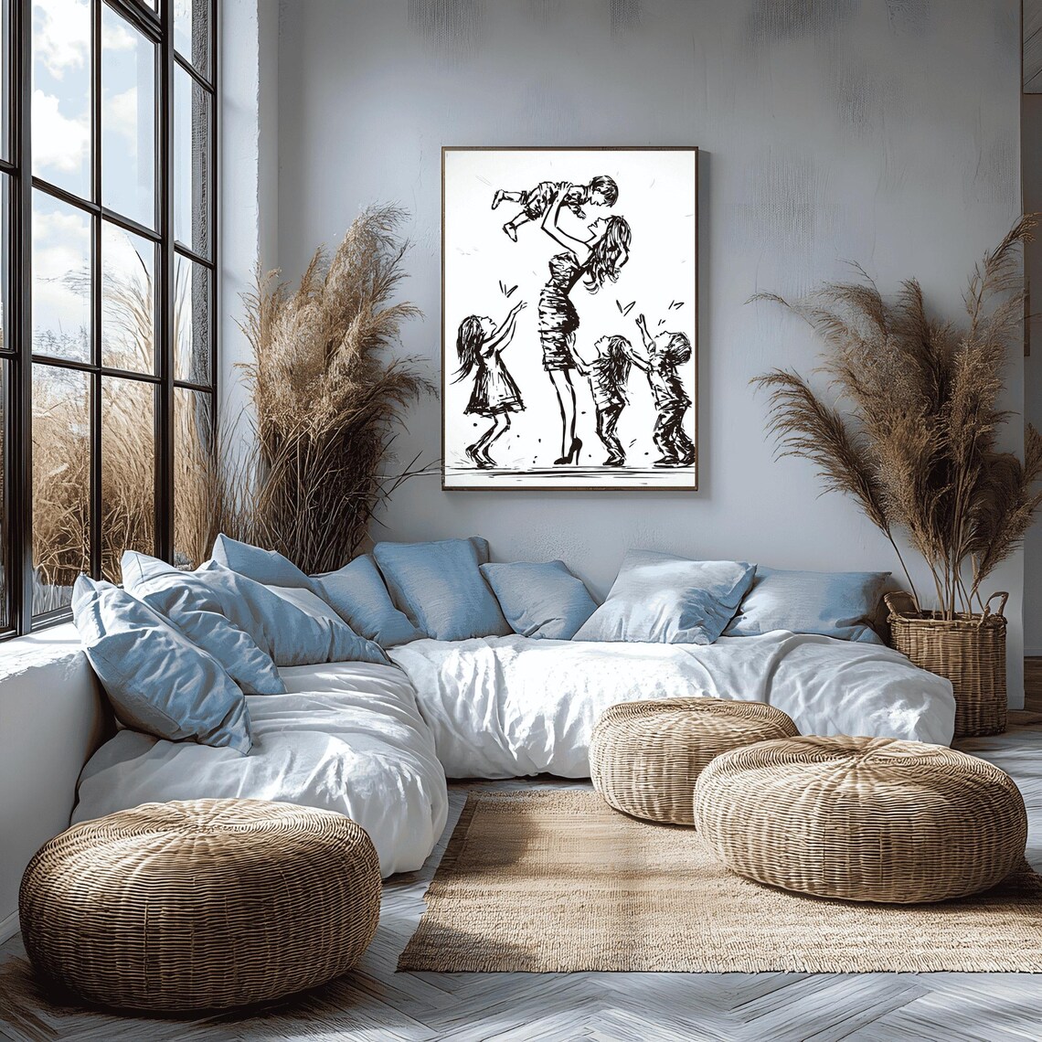 Mother Lifting Child Ink Sketch Joyful Family Four Kids Playful Poster - Image 2