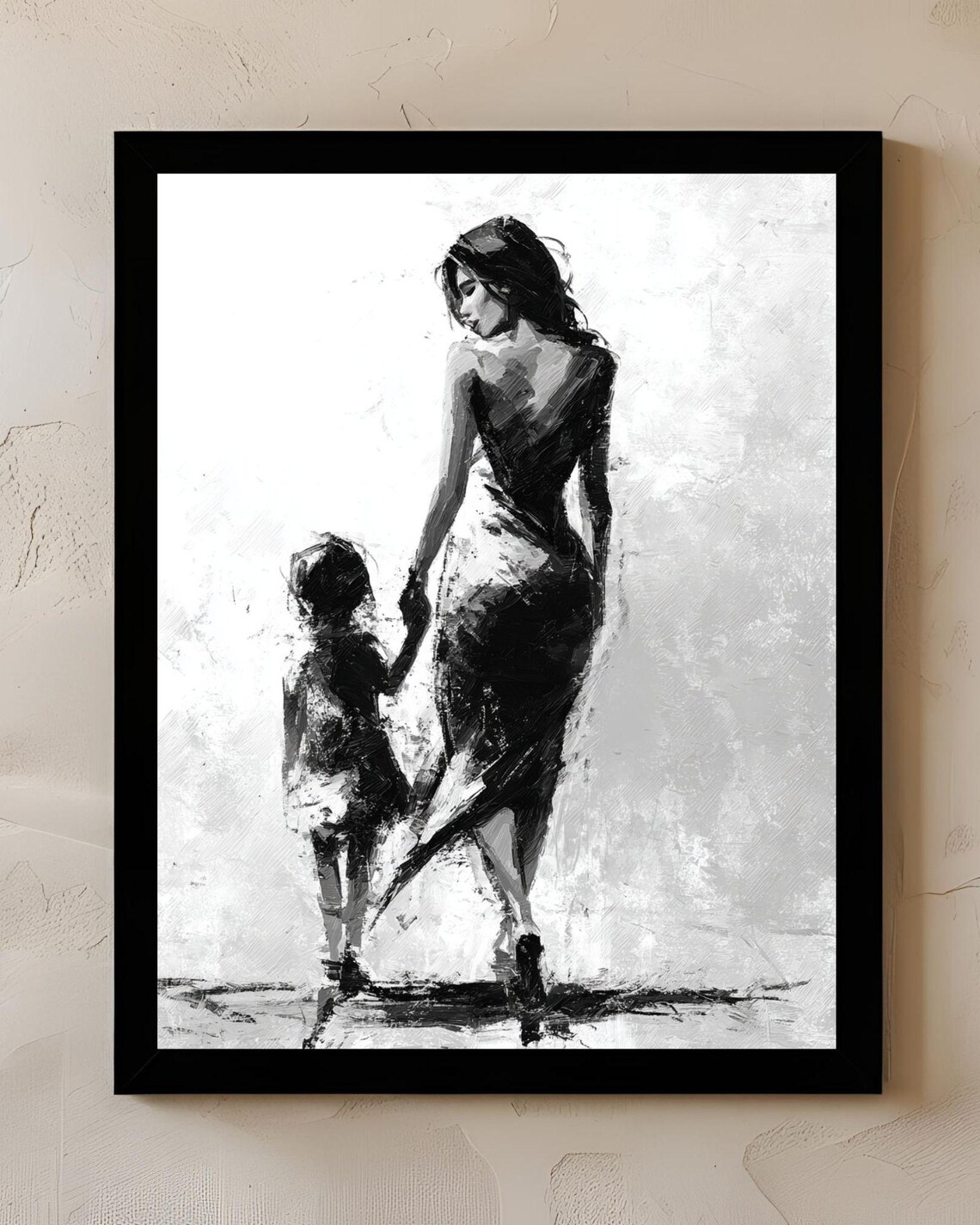 Black White Mother Child Painting Walking Away Tender Modern Art Poster - Image 3