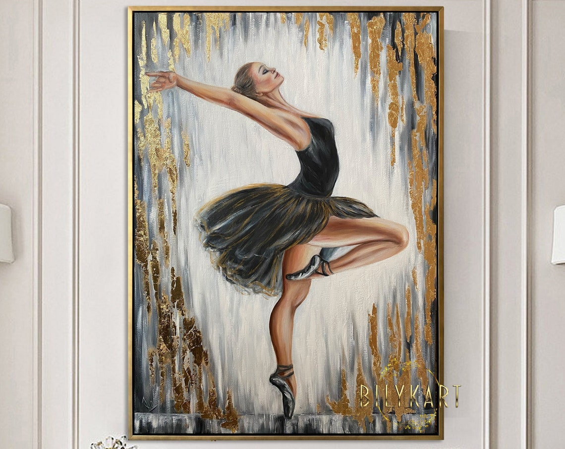 Abstract Ballerina Painting On Black And White Art Original Ballet Artwork Ballet Painting Gold Leaf Ballerina Oil Painting 70x100 Cm
