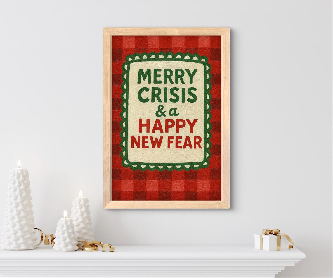 Funny Christmas Wall Art Retro Plaid Merry Crisis
