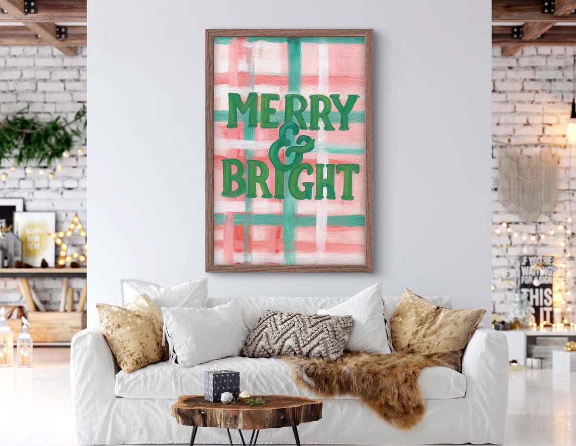 Merry and Bright Christmas Poster, Green Plaid Holiday Wall Decor