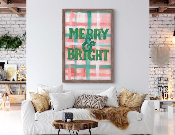 Merry and Bright Christmas Poster, Green Plaid Holiday Wall Decor