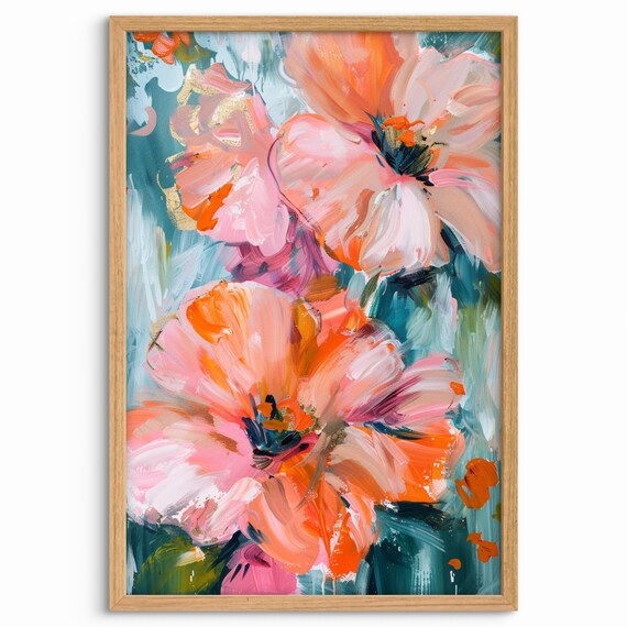 Bold Abstract Floral Painting Textured Pink And Orange Flower Wall Art Modern Botanical Artwork Contemporary