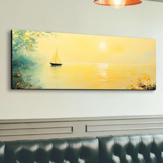 Sailboat In Warm Sunlight Floral Shoreline Calm Waters Poster