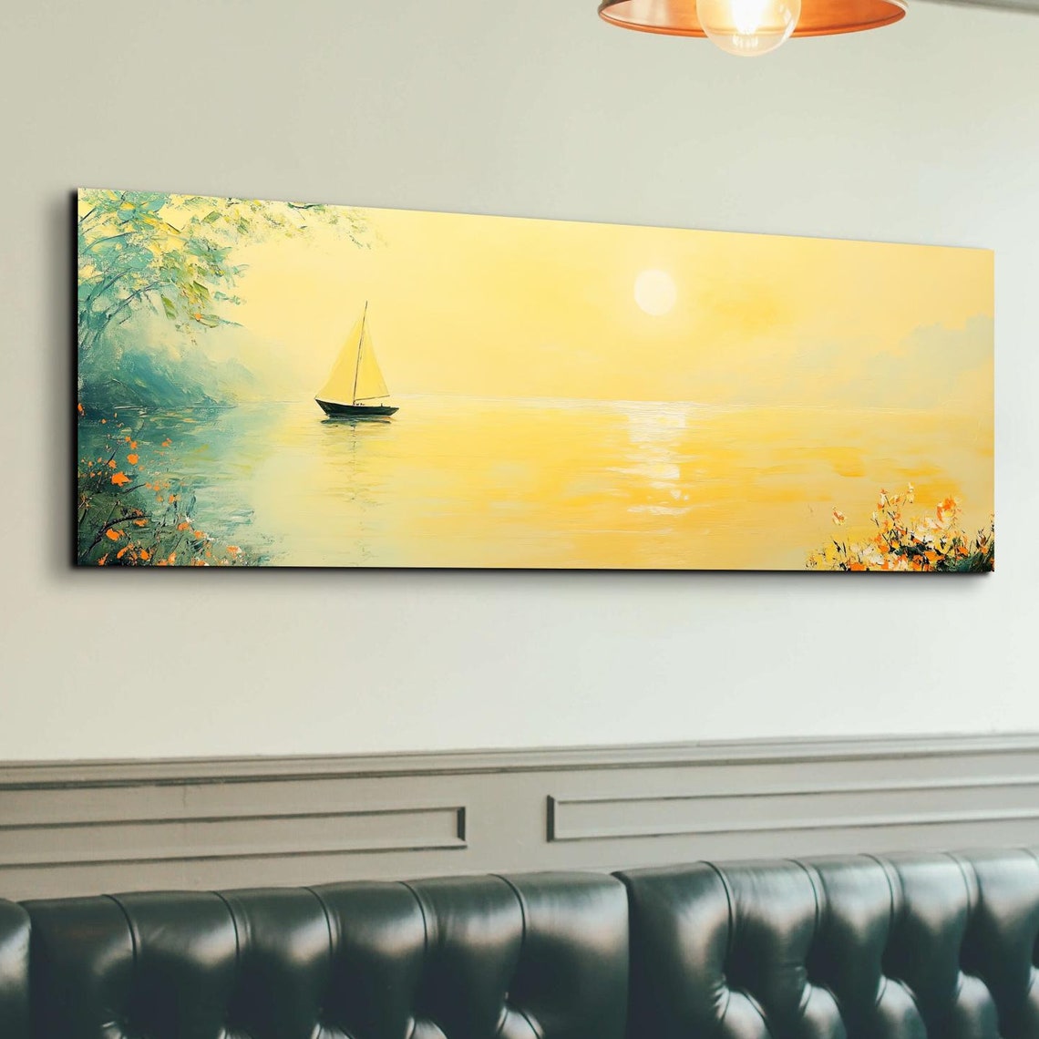 Sailboat In Warm Sunlight Floral Shoreline Calm Waters Poster