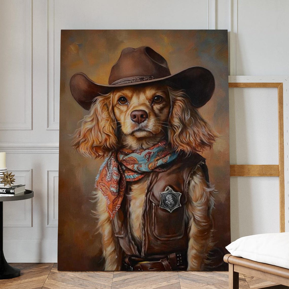 Golden Cocker Spaniel Dog Cowgirl Sheriff Hat Paisley Scarf Poster