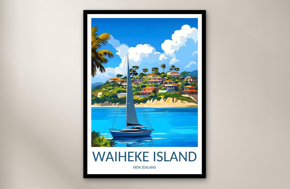 Waiheke Island New Zealand Sailboat Hills Vintage Travel Poster