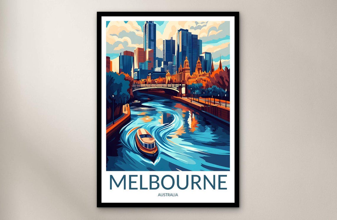 Melbourne Australia Yarra River Boat Skyline Vintage Travel Poster