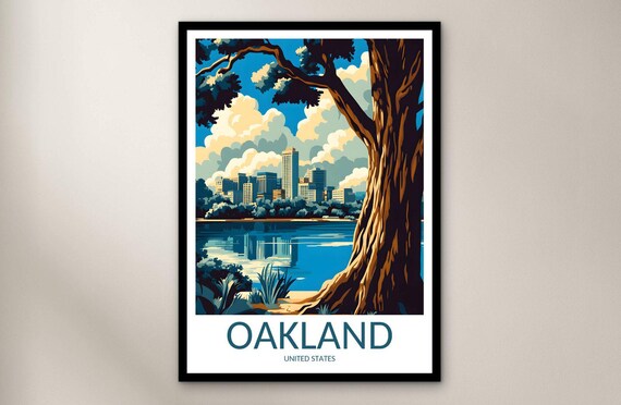 Oakland California Skyline Oak Tree Lake View Scenic Travel Poster