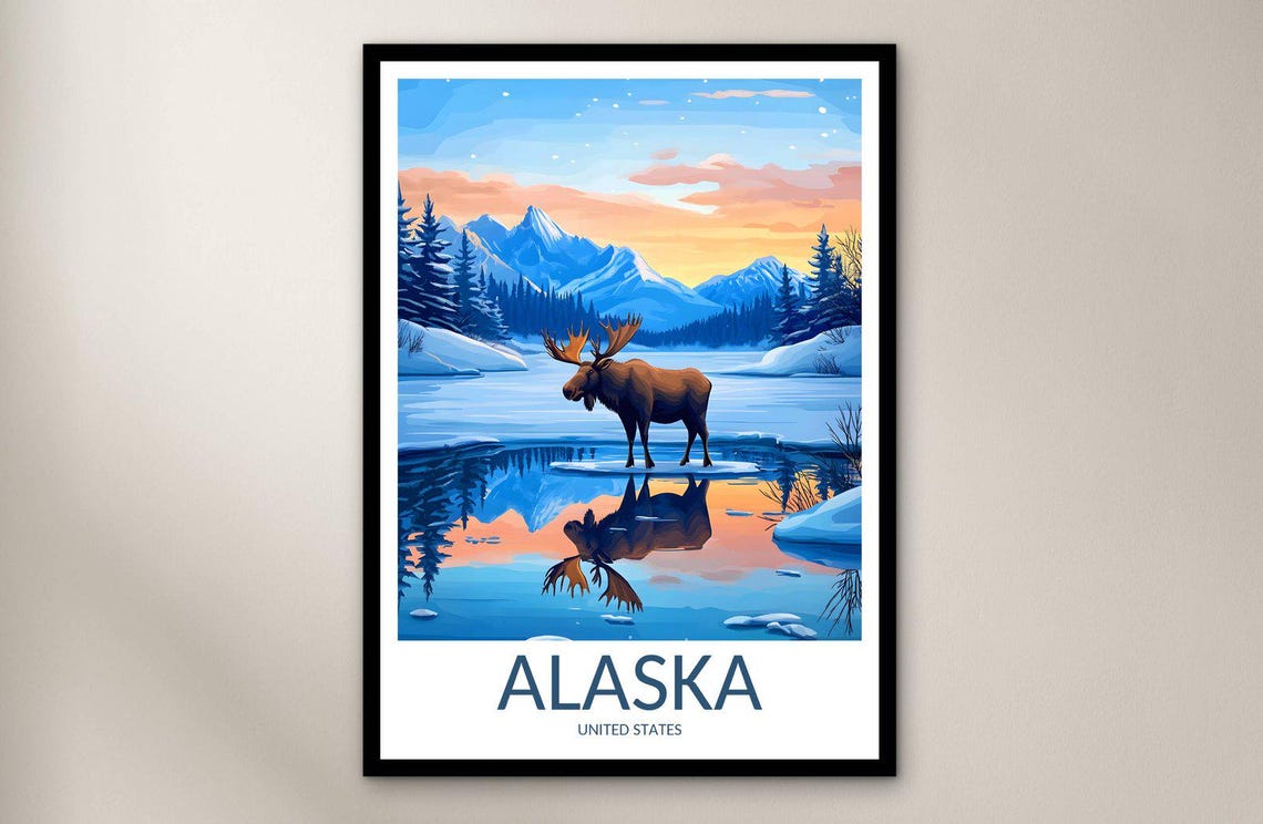 Alaska Moose Winter Lake Sunset Reflection Mountain Travel Poster Art