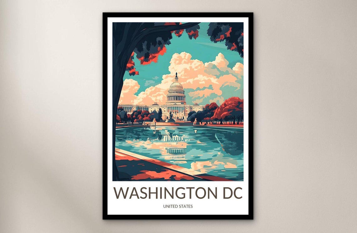 Washington DC Capitol Reflecting Pool Autumn Trees Travel Poster