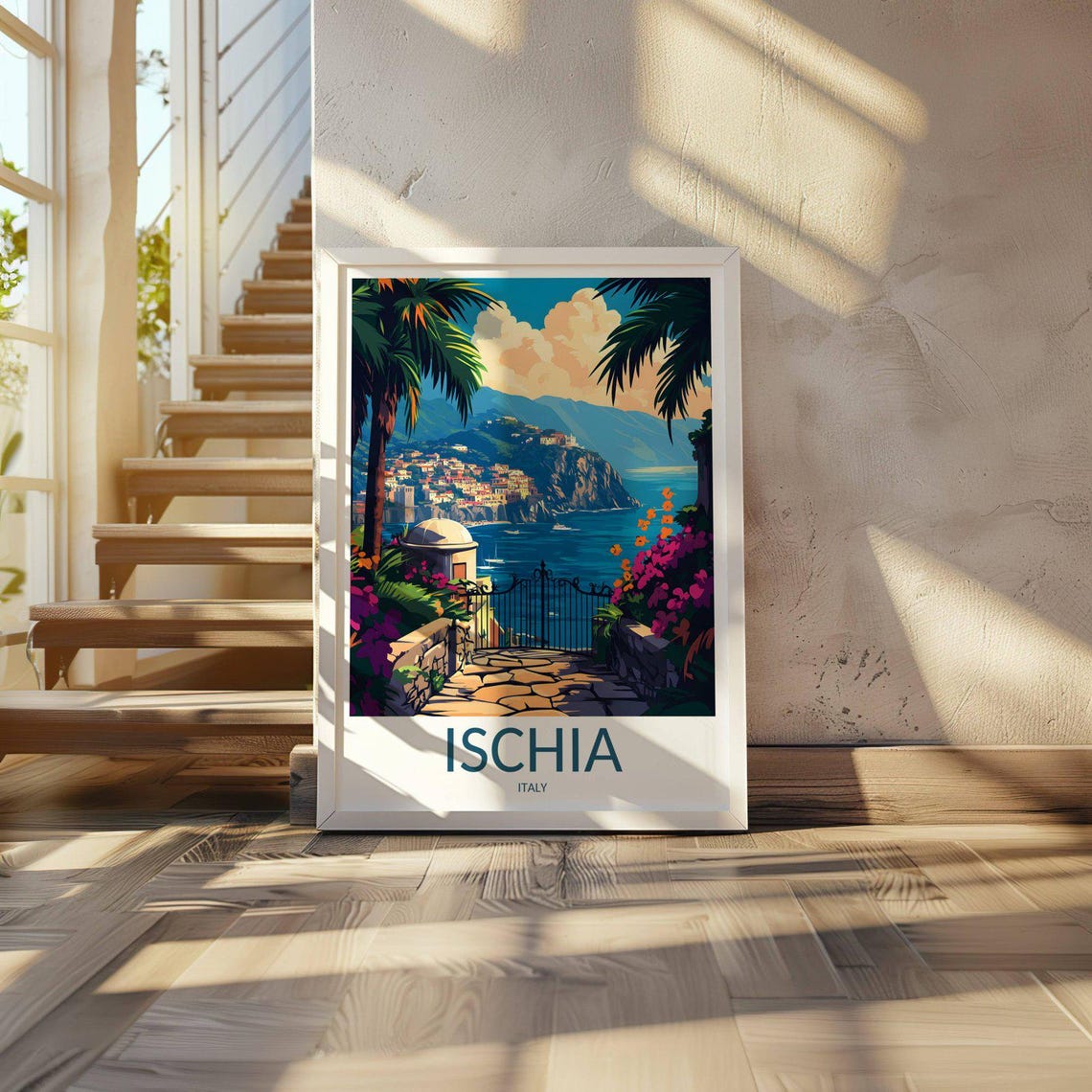 Ischia Italy Garden Gate View Over Bay and Cliffs Travel Poster - Image 3