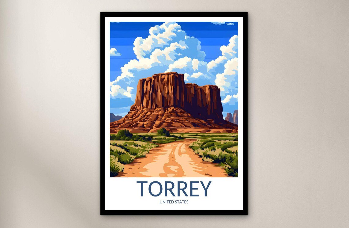 Torrey Utah Desert Butte Dirt Road Blue Sky Vintage Travel Poster