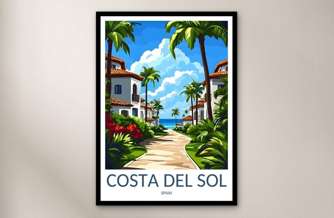 Costa Del Sol Spain Palm Lined Beachfront Villa Travel Poster