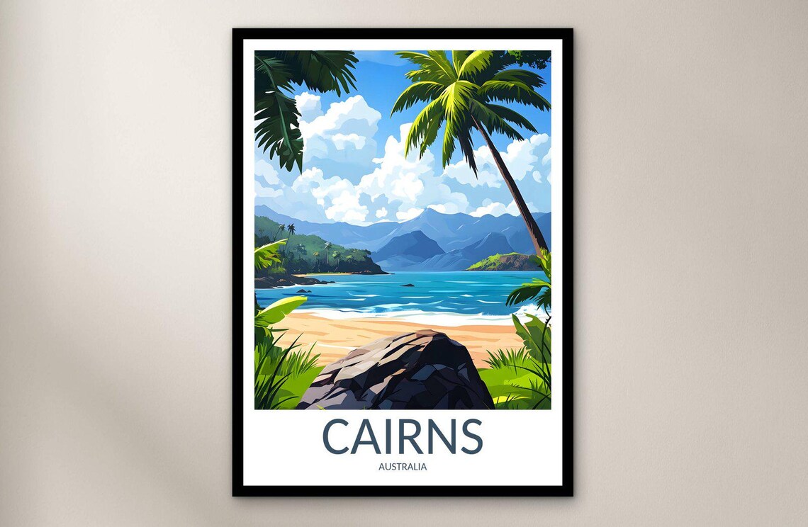 Cairns Australia Tropical Palm Beach Blue Mountains Travel Poster