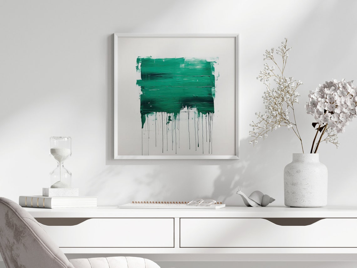 Emerald Green Expressive Brushstroke with Drips Abstract Art Poster - Image 3