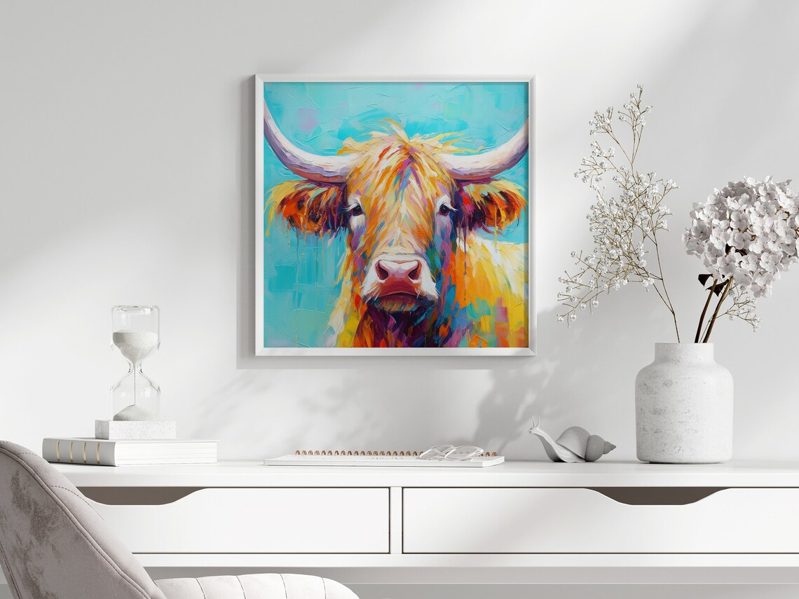 Colorful Shaggy Highland Cow on Vivid Turquoise Impasto Poster - Image 2