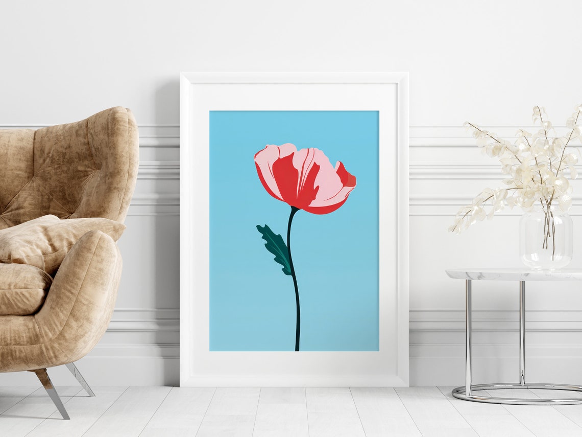 Bold Red Poppy Blooming Tall on Bright Sky Blue Pop Art Poster - Image 2