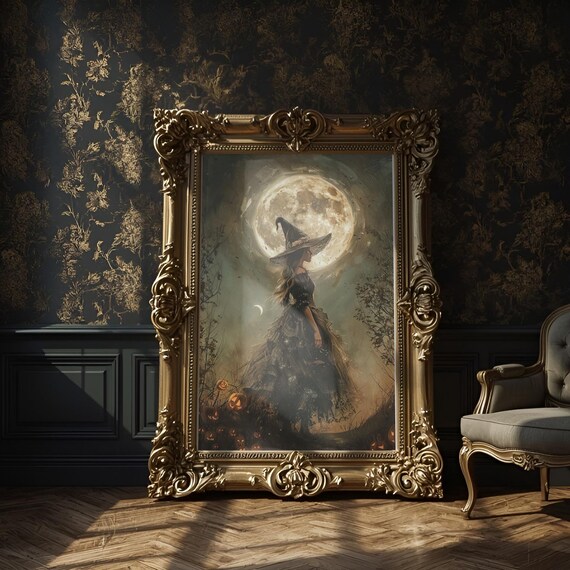 Elegant Witch Under Full Moon Art Print Mystical Halloween Wall Decor Enchanted Gothic Fantasy Woman With Pumpkins Artwork Png