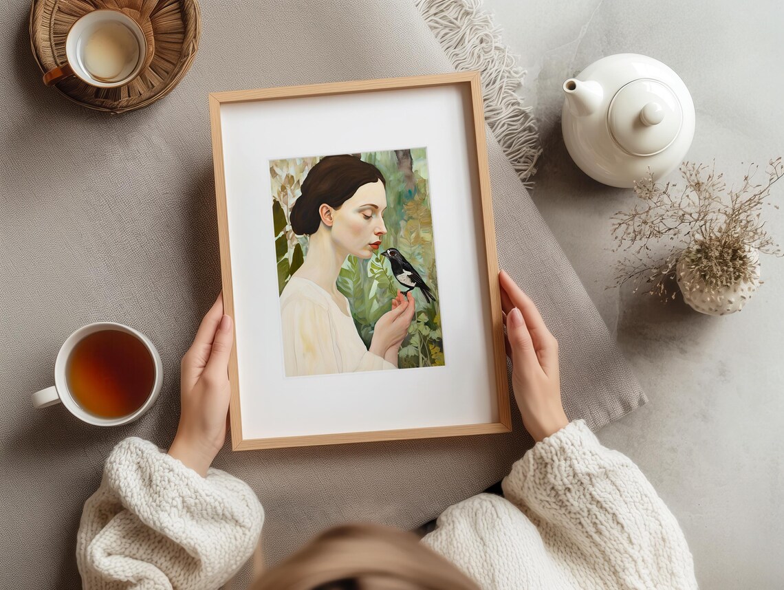 Woman Profile Holding Small Bird Botanical Fine Art Painting Poster - Image 3