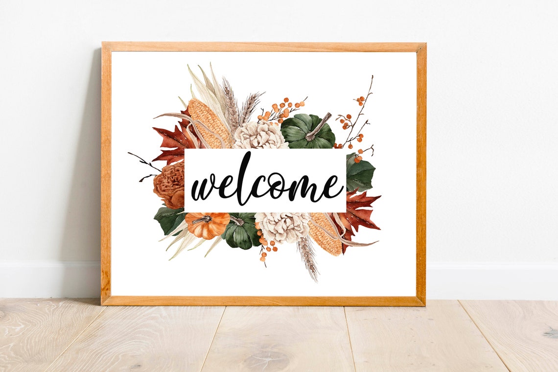 Welcome Harvest Corn Leaf Autumn Wood Sign Watercolor Poster - Image 2