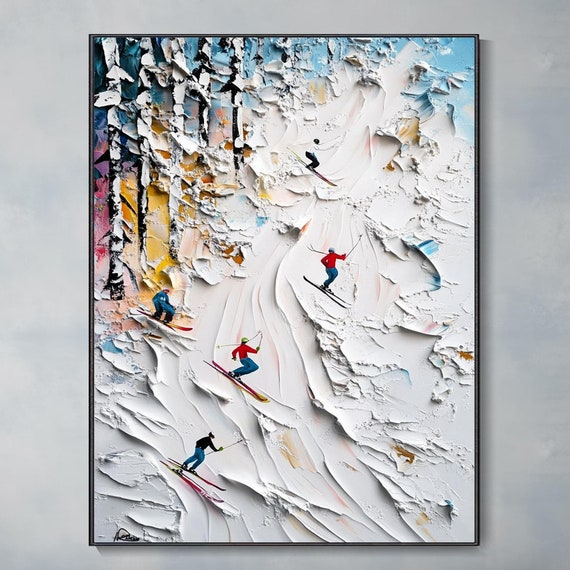 Skier Painting Original Framed 3d Skiing Sport Art Plaster Style Textured Wall Art Personalized Gift For Skiers White Snowboards Paintig