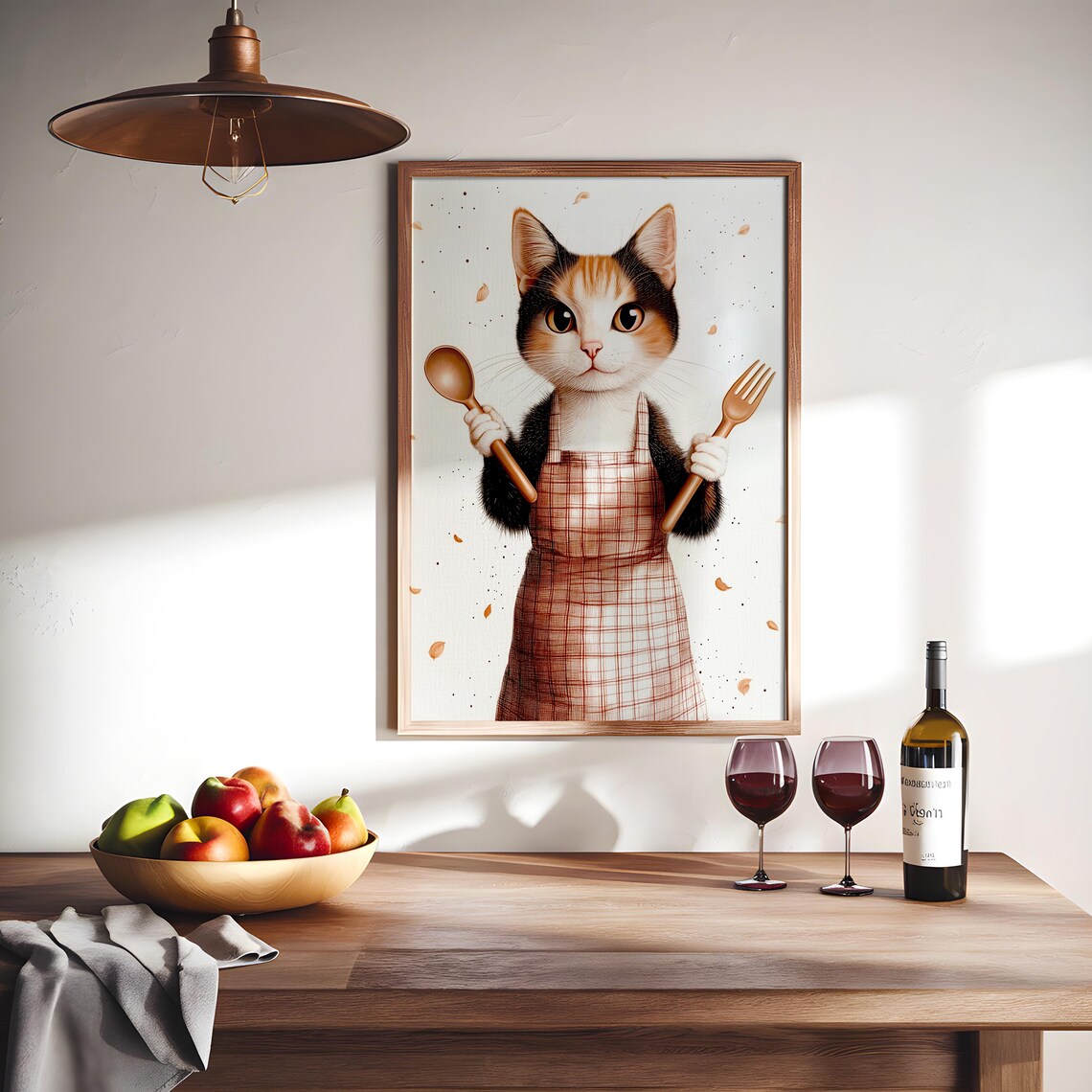 Calico Cat Chef Plaid Apron Wooden Spoon Fork Kitchen Cute Animal Poster - Image 4
