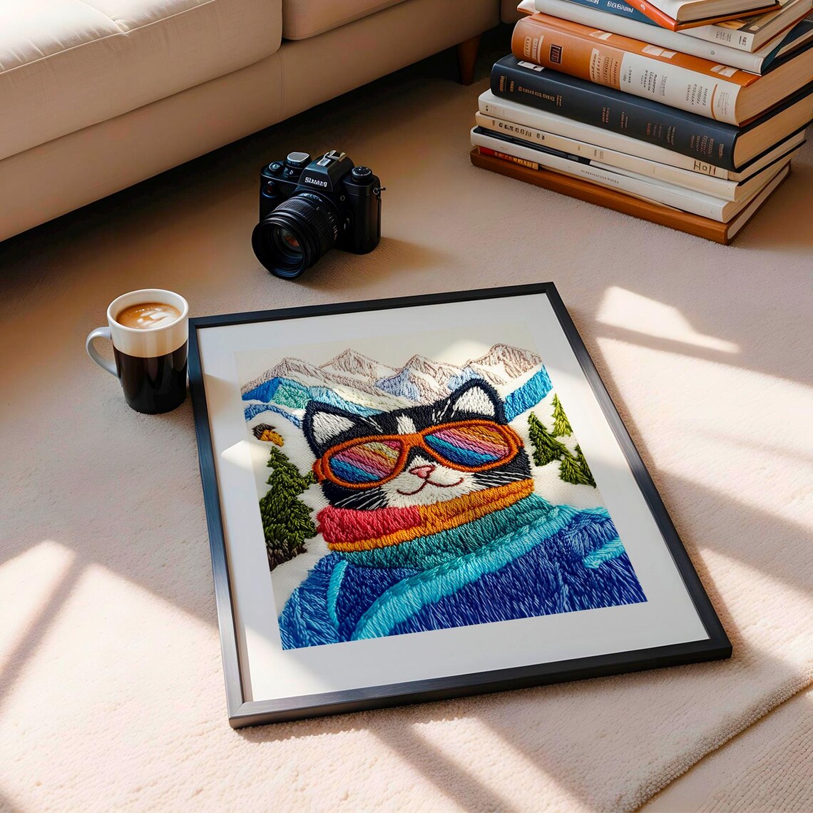 Skier Cat Rainbow Goggles Snowy Mountain Embroidery Winter Wall Art Print - Image 2