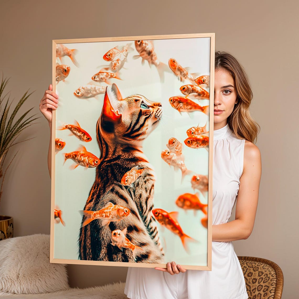 Tabby Cat Surrounded By Goldfish Dreamy Pastel Animal Wall Art Poster - Image 3