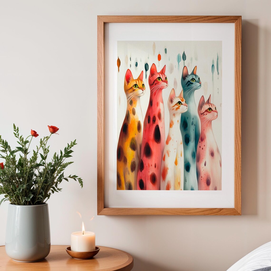 Five Tall Colorful Cats Watercolor Rainbow Kitty Painting Wall Art Print - Image 3