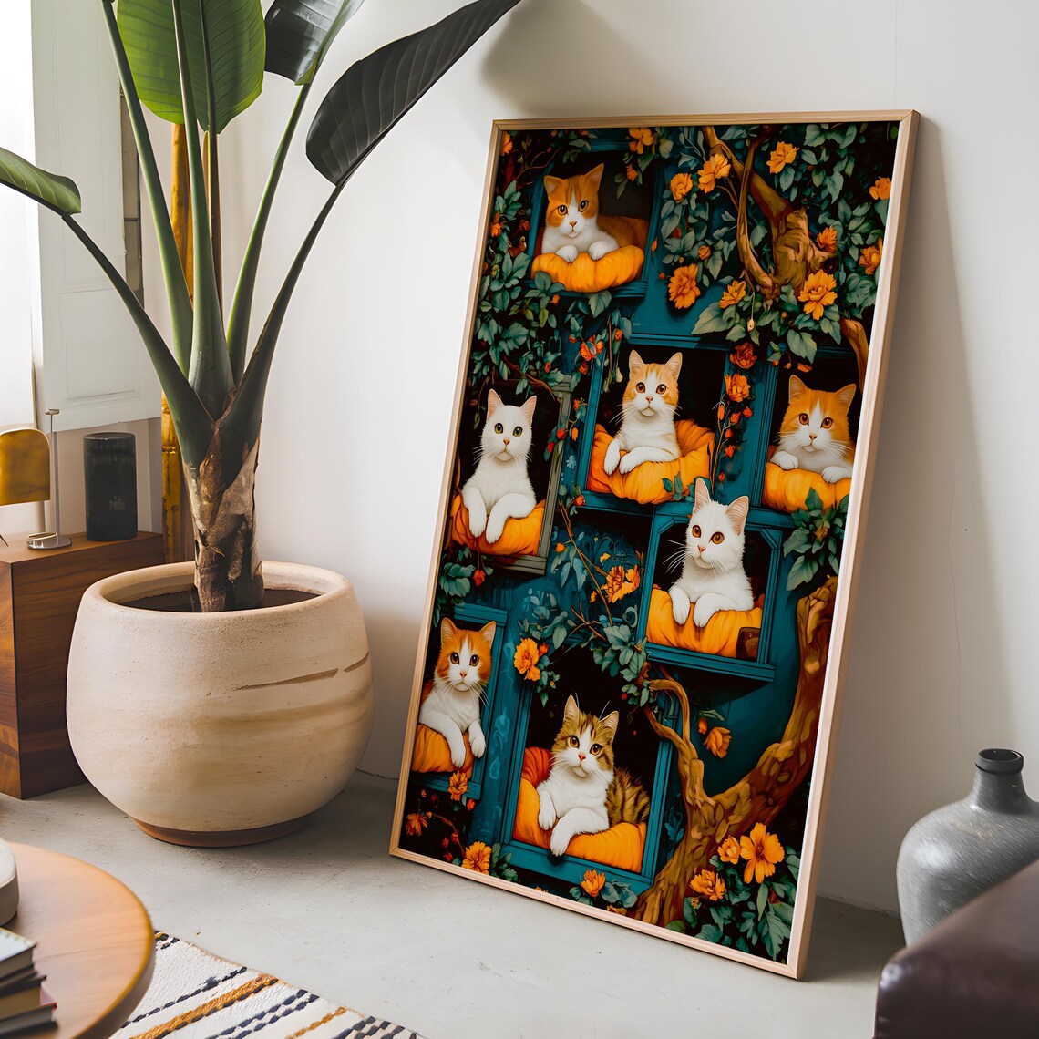 Cats Lounging In Teal Window Boxes Floral Vines Cottagecore Wall Art Print - Image 4
