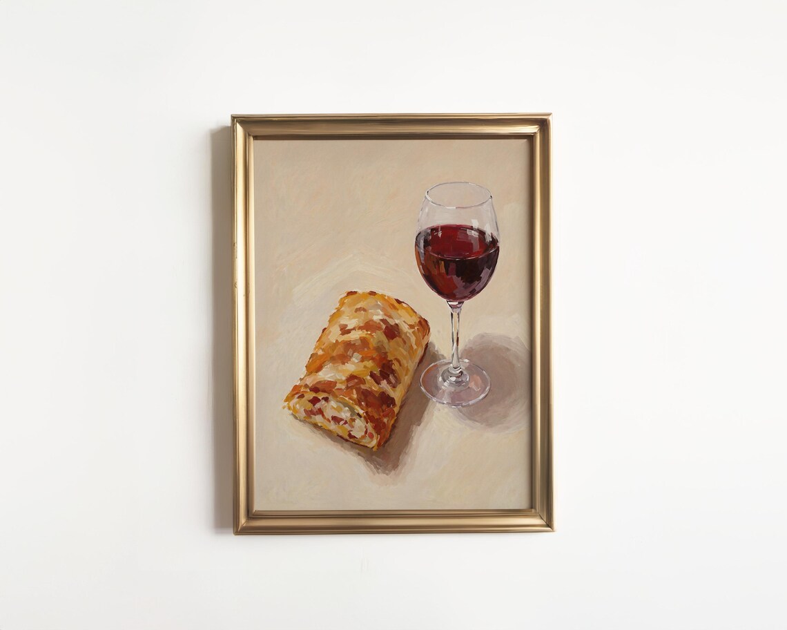 Pepperoni Stromboli and Red Wine Italian Still Life Kitchen Decor Poster