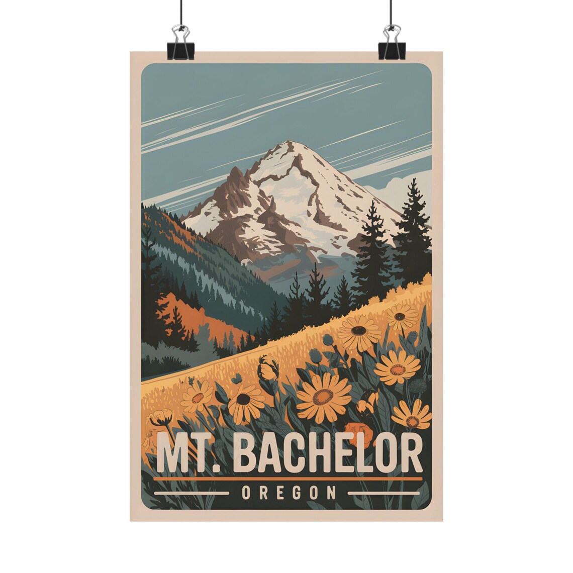 Mount Bachelor Oregon Vintage Ski Peak Wildflower Travel Poster